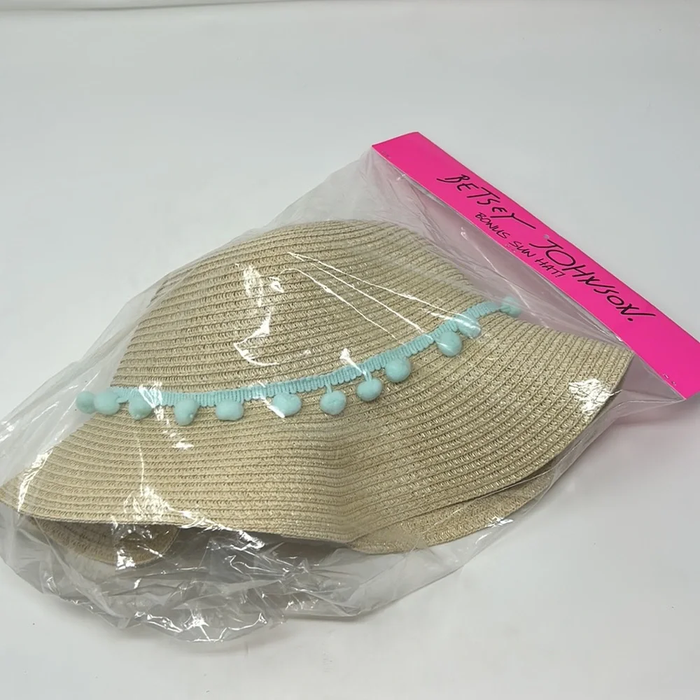 Betsey Johnson Girl’s Straw Blue Pom Pom Detail Summer Beach Hat